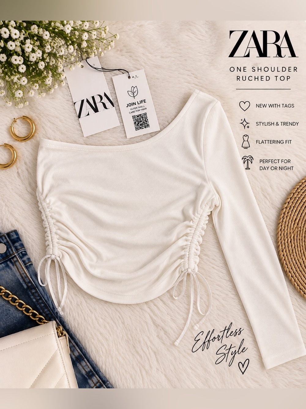 ZARA Cream One-Shoulder Ruched Drawstring Crop Top